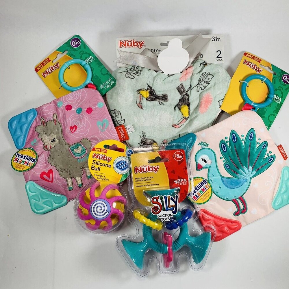 Nuby Baby Girl Toys & Muslin Teething Bibs Squeaks, Crinkles - Lot - Gift Set